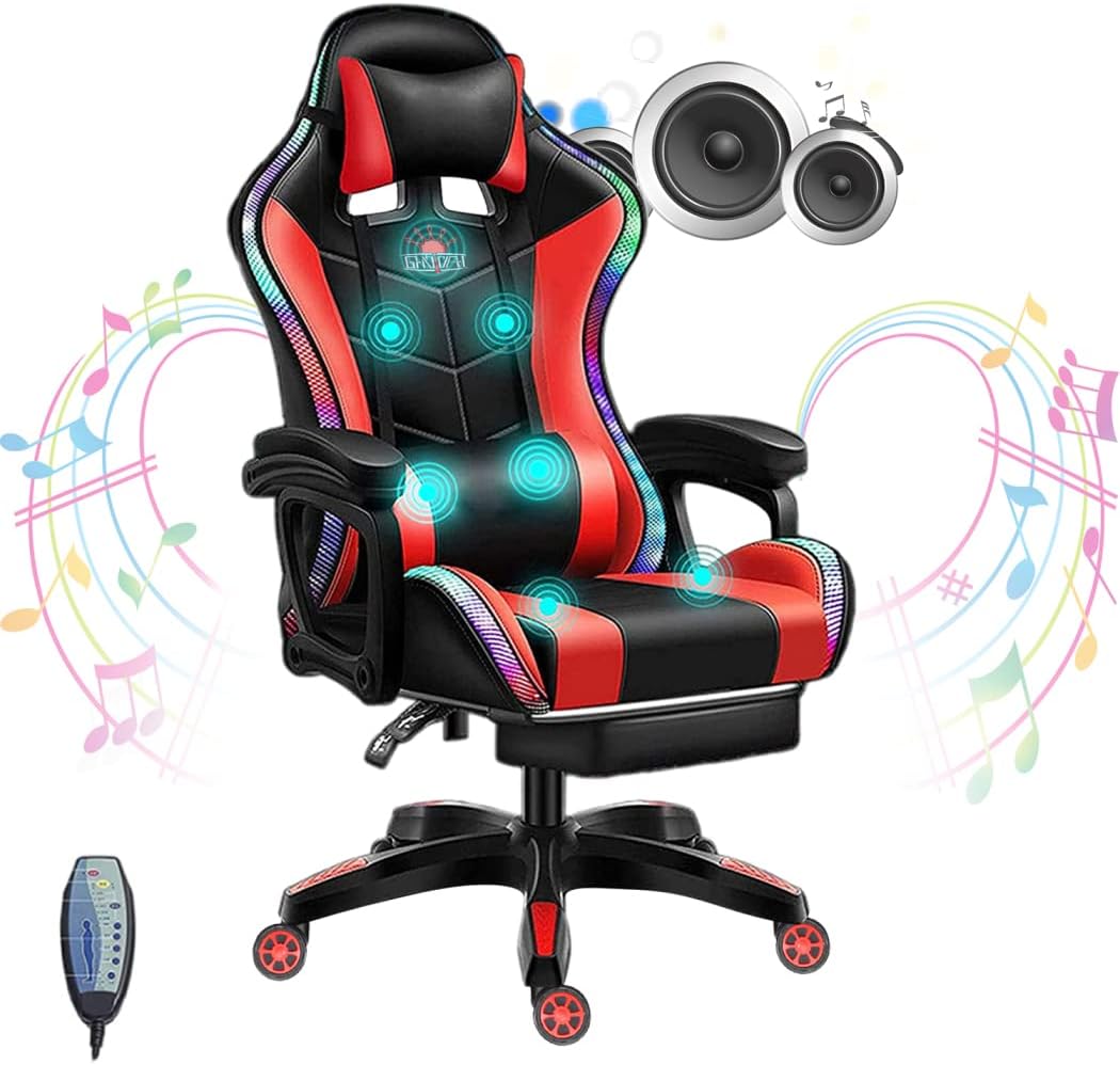 Gaming Chair with Speakers and LED Lights, Massage Computer Chair for Adults, Video Game Chair with Footrest and Lumbar Support, PU Leather Gamer Chair for Adults and Teens,Red
