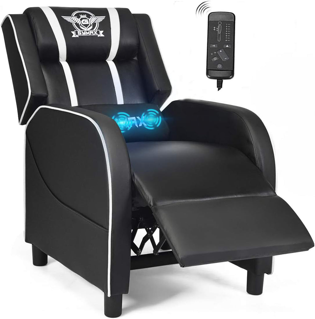 POWERSTONE Gaming Recliner Chair, Reclining Gaming Chairs for Adults Ergonomic Leather Sofa with Footrest Lumbar Support Headrest and Side Pouch for Living Room Home Theater, White