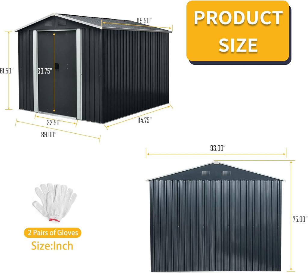 8ft x 10ft Outdoor Metal Storage Shed with Floor Base,Black