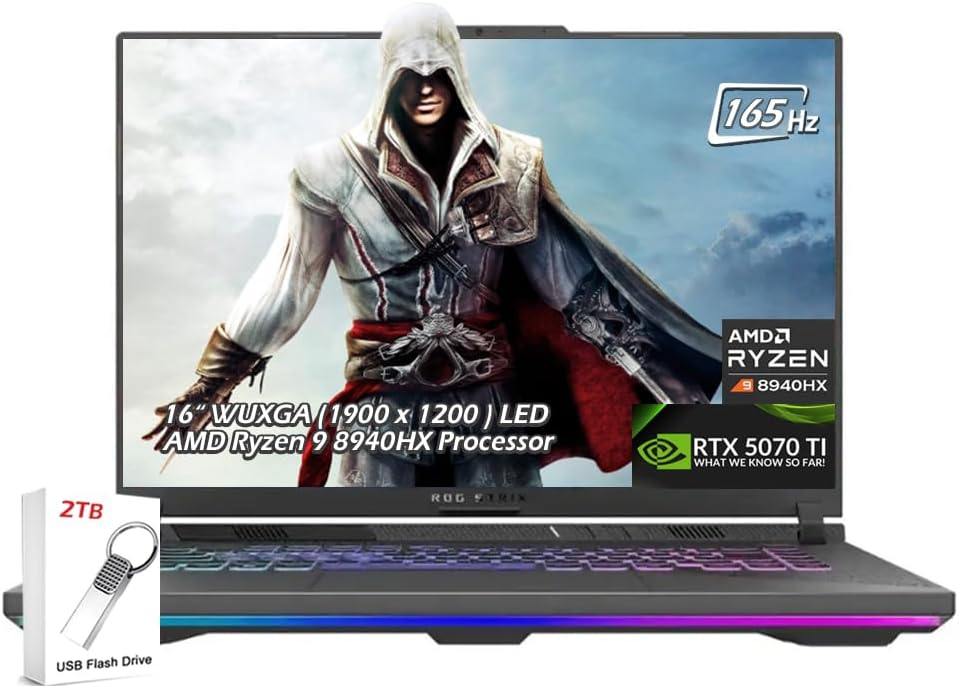 ASUS ROG Strix G16 16' WUXGA LED IPS 165Hz 300nits Gaming Laptop AMD Ryzen 9 8940HX NVIDIA RTX 5070 Ti 12GB 16GB DDR5-5600 RAM 2TB SSD Wi-Fi6E Backlit KB Win11 Eclipse Gray w/2TB USB Drive, W/GaLiMu