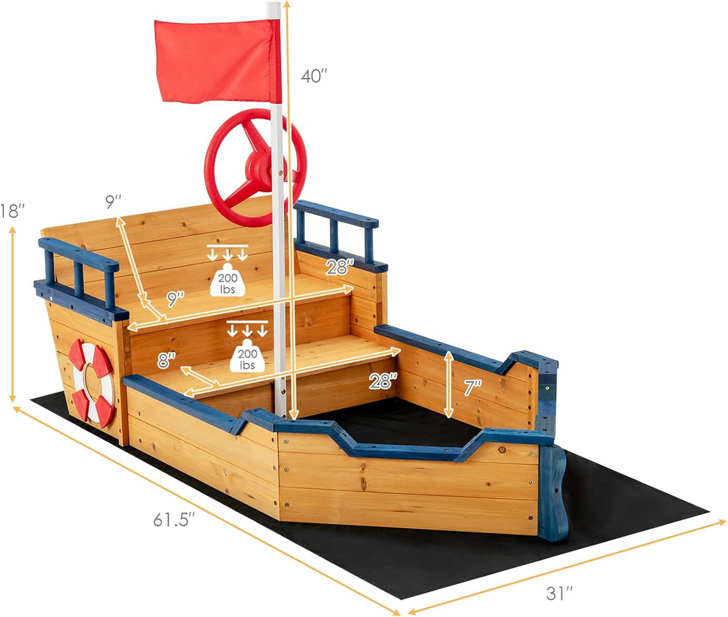 Costzon Pirate Boat Wood Sandbox for Kids, Wooden Pirate Sandpit w/Bench Seat, Storage Space, Ground Liner, Realistic Flag Rudder Buoy, Children Outdoor Playset for Backyard, Home, Lawn, Garden