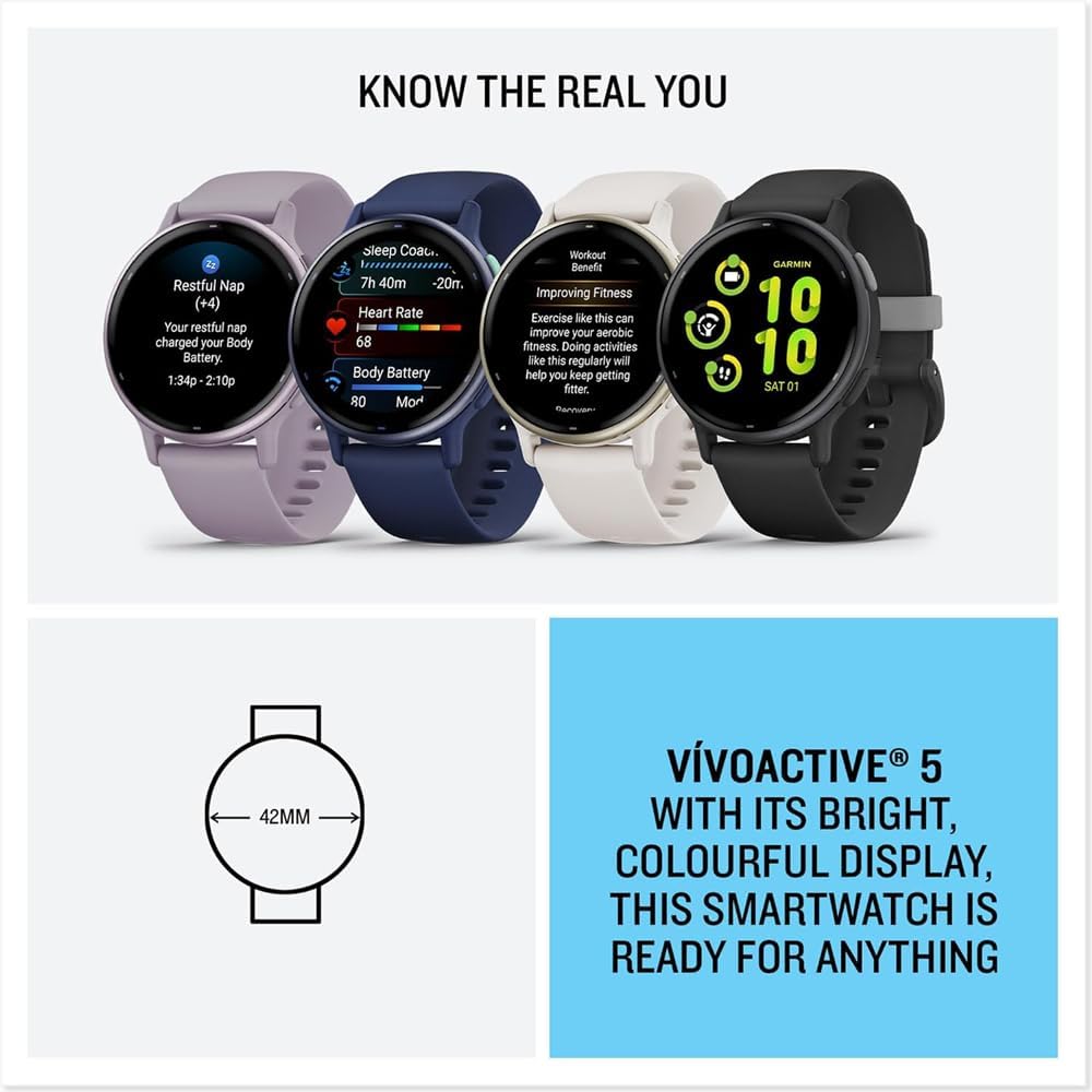Garmin 010-02862-10 Vivoactive 5 Fitness Smartwatch, Black Bundle with Workout Cooling Sport Towel and Deco Essentials Wearable Commuter Front and Rear Safety Light