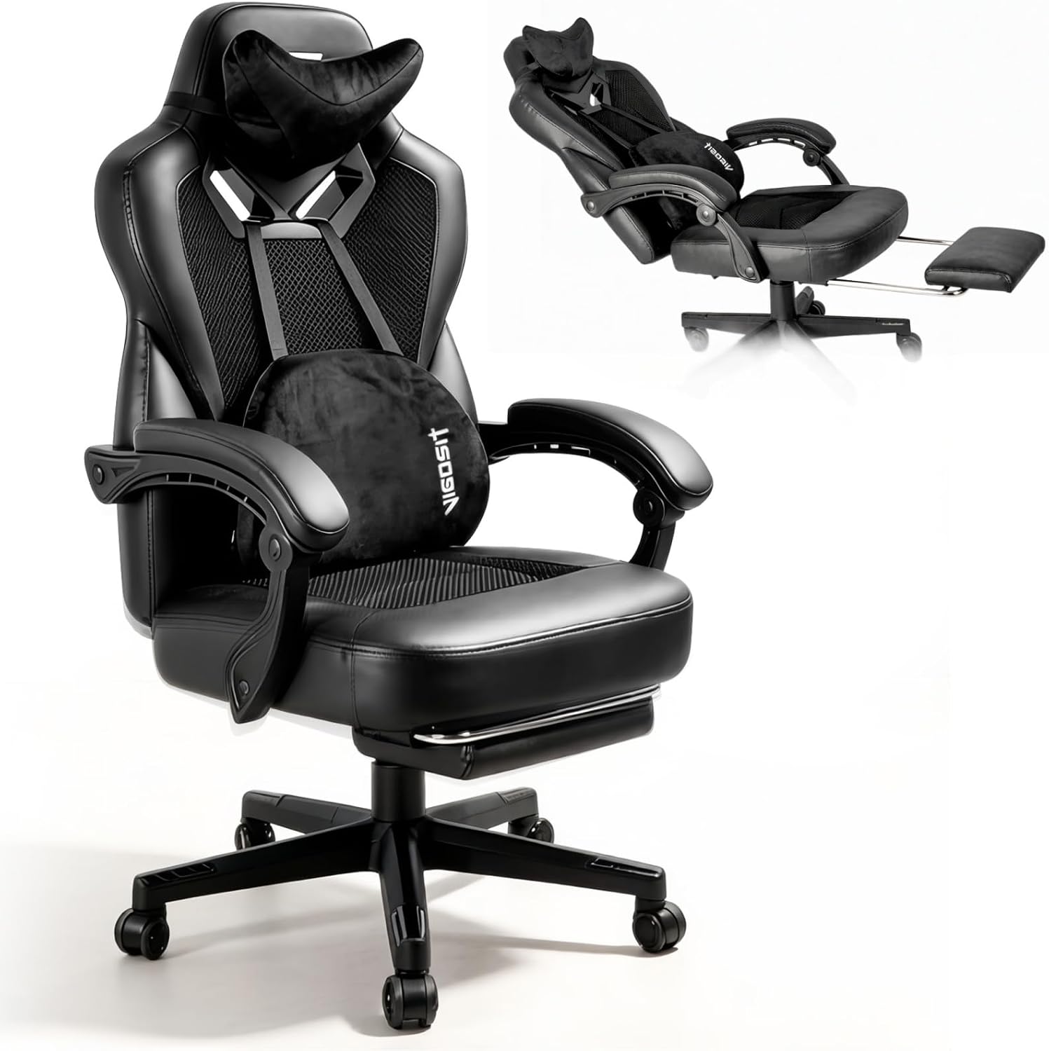 Vigosit Gaming Chair PRO: High-Performance Ergonomic Chair with Full Mesh, Patented 3D Lumbar Support, Retractable Footrest & 400 lbs Metal Frame for Elite Gamers (Black 03Pro)