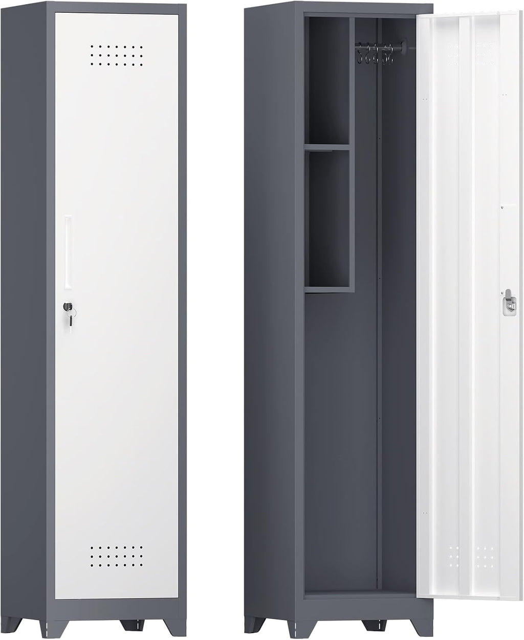 IRONFFICE Storage Cabinet,Slim Broom Closet Storage Cabinets with Lockable Doors,Narrow Utility Cabinets with Hanging Rod,Tall Broom Closet for Laundry,Home Office,Grey-White