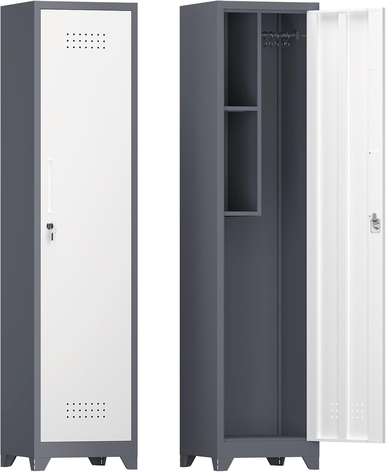 IRONFFICE Storage Cabinet,Slim Broom Closet Storage Cabinets with Lockable Doors,Narrow Utility Cabinets with Hanging Rod,Tall Broom Closet for Laundry,Home Office,Grey-White