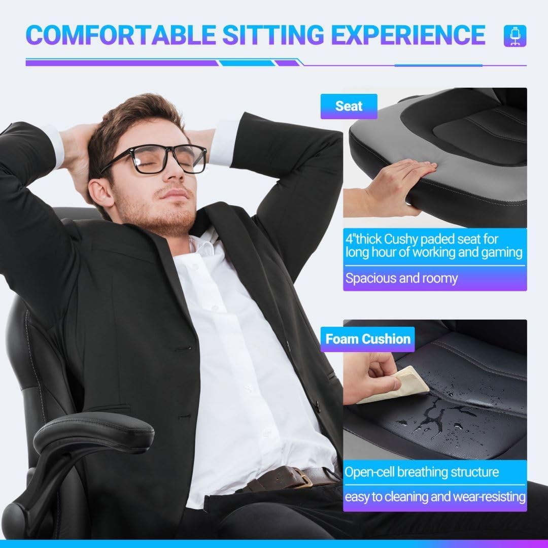 Heavy Duty Gaming Chair Ergonomic Gamer for Home Office with Lumbar Support, Adjustable Backrest, Flip-Up Armrest and Stable 360° Swivel Wheels for Adults, Professional Gamers and Teens, Black-Grey