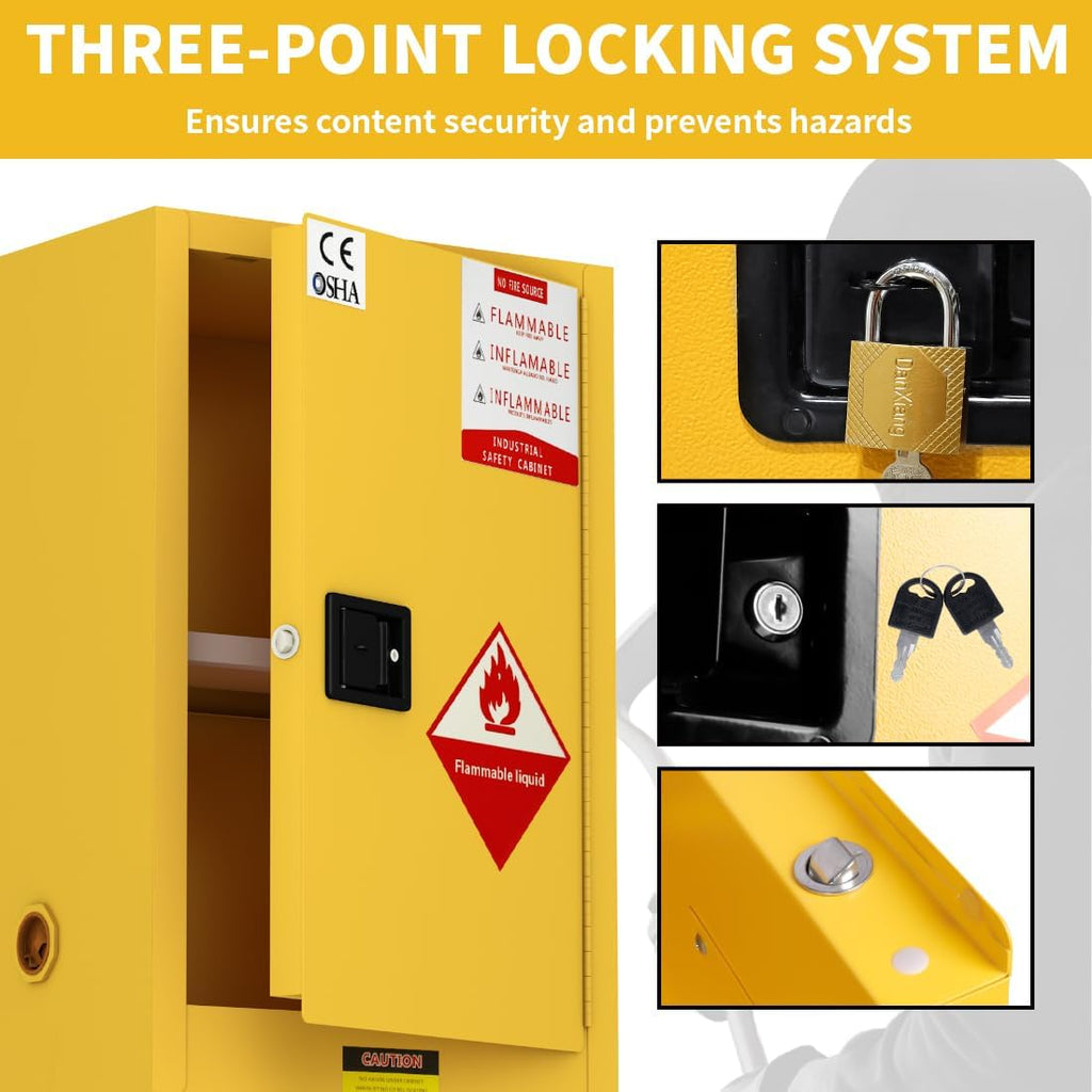 Flammable Safety Cabinet, 38' H x 28' D x 24' W, Yellow, Industrial, Slab Door, Floor Mount, Steel, Powder Coated, Adjustable Shelf, for Commercial Industrial Home Use, Tools, Laboratory
