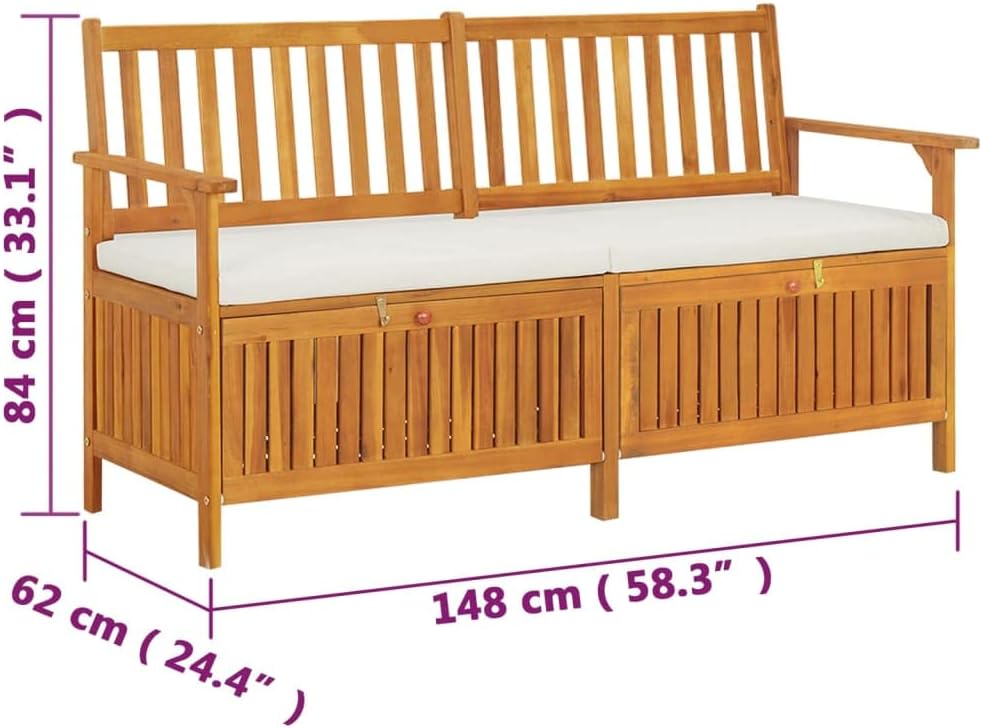 vidaXL Patio Storage Bench 58.3' - Solid Acacia Wood with Cream White Cushion - Versatile Wooden Bench for Indoor and Outdoor Use - with Ample Storage Space