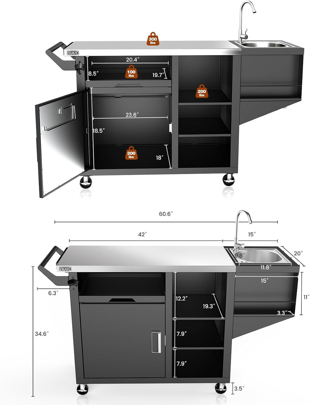 NUUK Outdoor Grill Cart on Wheel, Pizza Oven Table with Sink & Storage, 20'x42' Stainless Steel Prep Table Kitchen Island Cabinet for Backyard BBQ