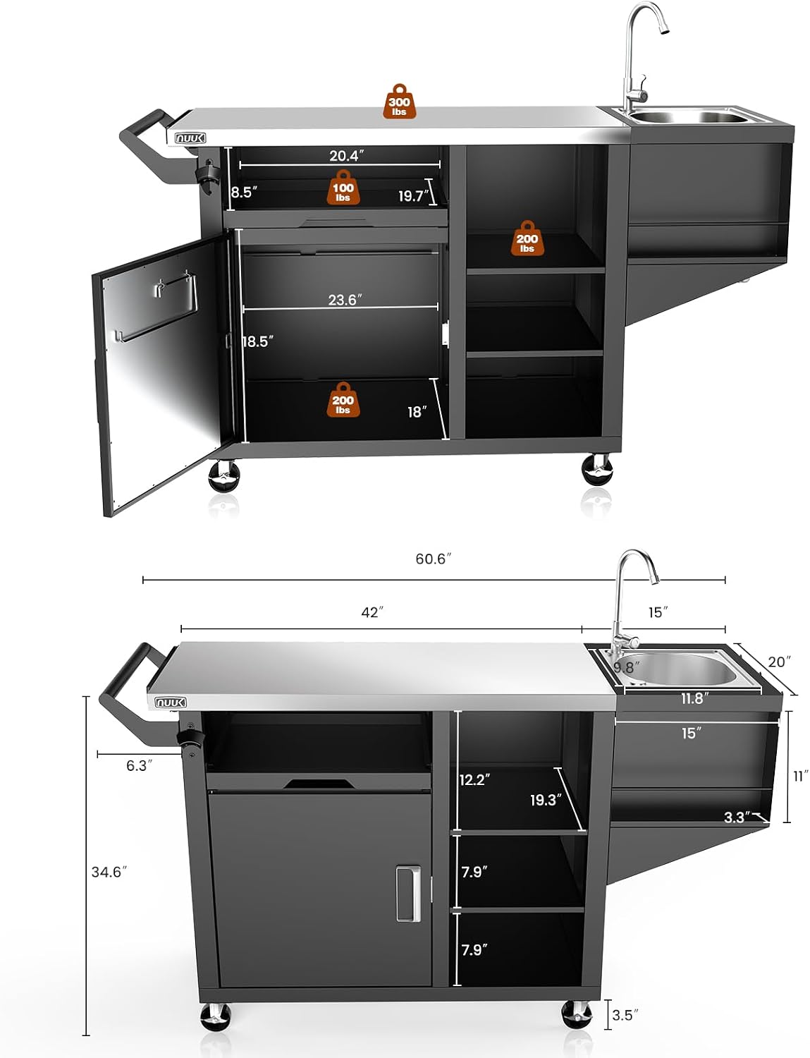 NUUK Outdoor Grill Cart on Wheel, Pizza Oven Table with Sink & Storage, 20'x42' Stainless Steel Prep Table Kitchen Island Cabinet for Backyard BBQ