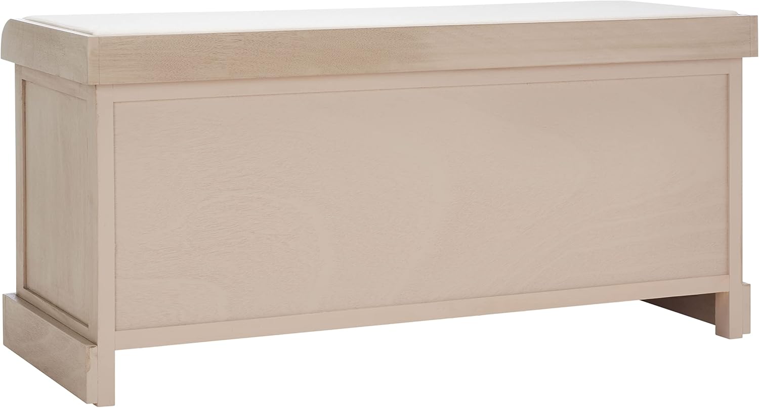 SAFAVIEH Home Collection – Briar 3-Drawer Upholstered Storage Bench, Farmhouse Entryway Accent Bench with Cushion Top, Sand Frame & Distressed White Drawer Fronts (BCH5700B)