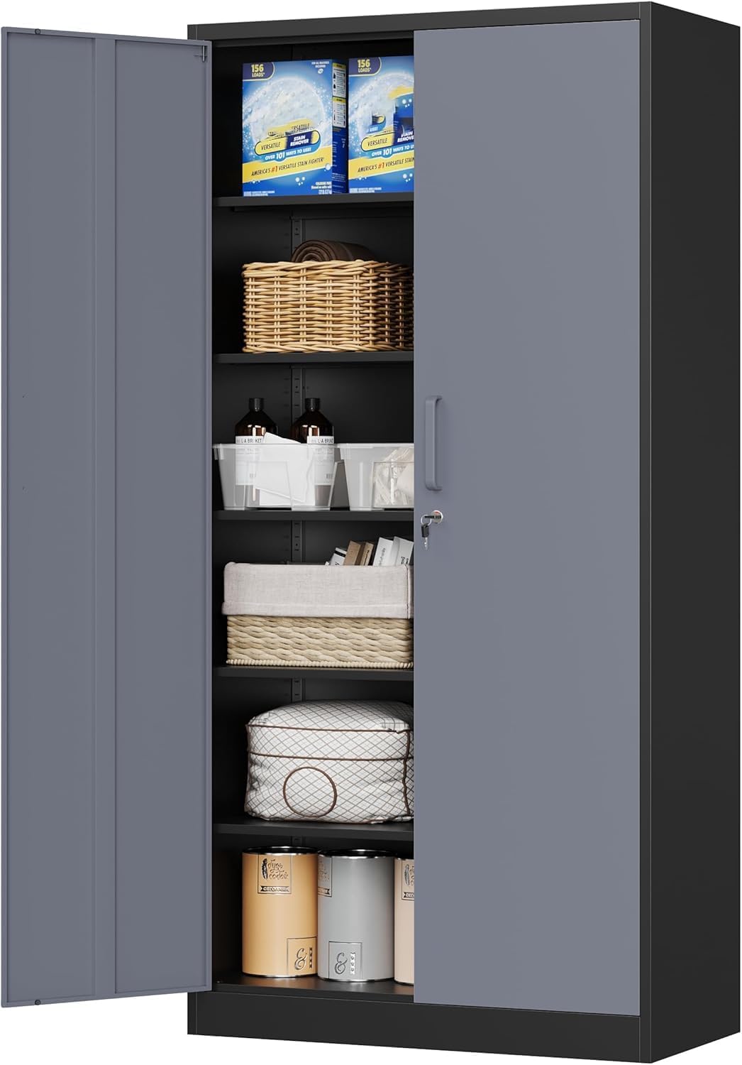 MIIIKO Metal Storage Cabinet with Locking Doors, Black Garage Storage Cabinets with 5 Adjustable Shelves