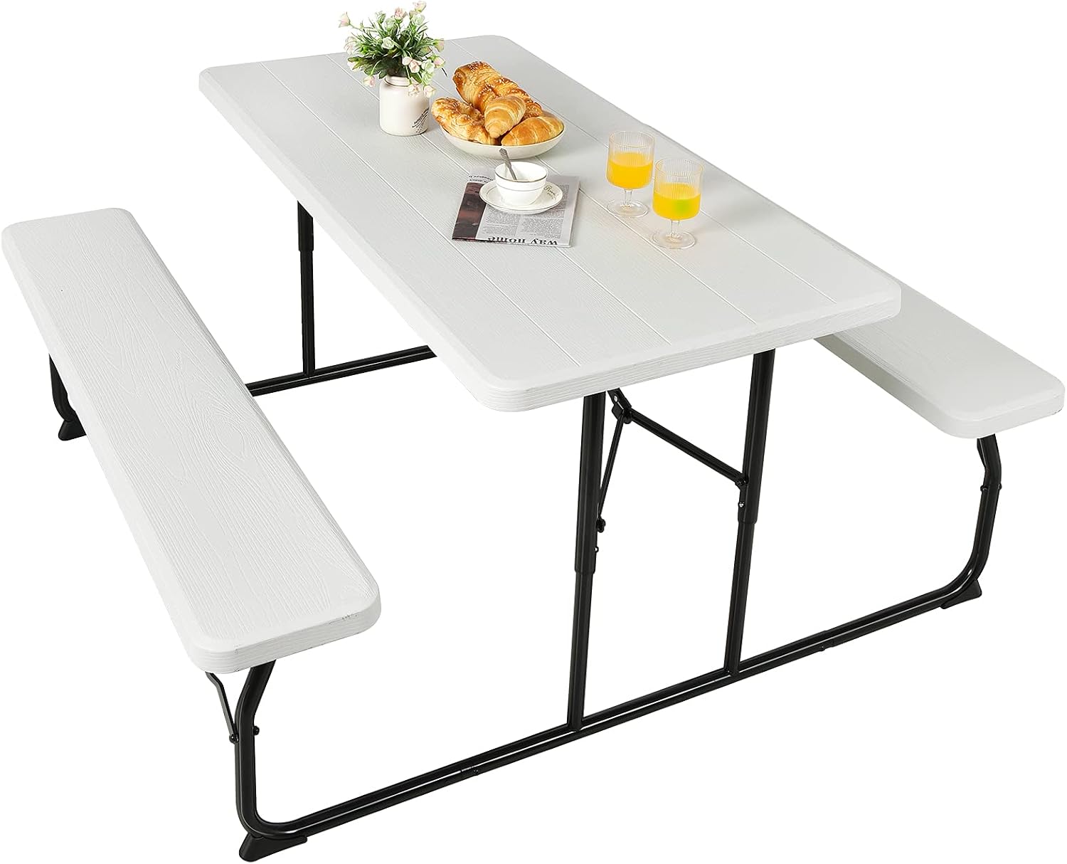 Giantex Folding Picnic Table Bench Set, Outdoor Dining Table Set, Large Camping Table for Patio Deck Lawn Garden Backyard Poolside, Portable Picnic Tables, Weather Resistant Metal Frame, White