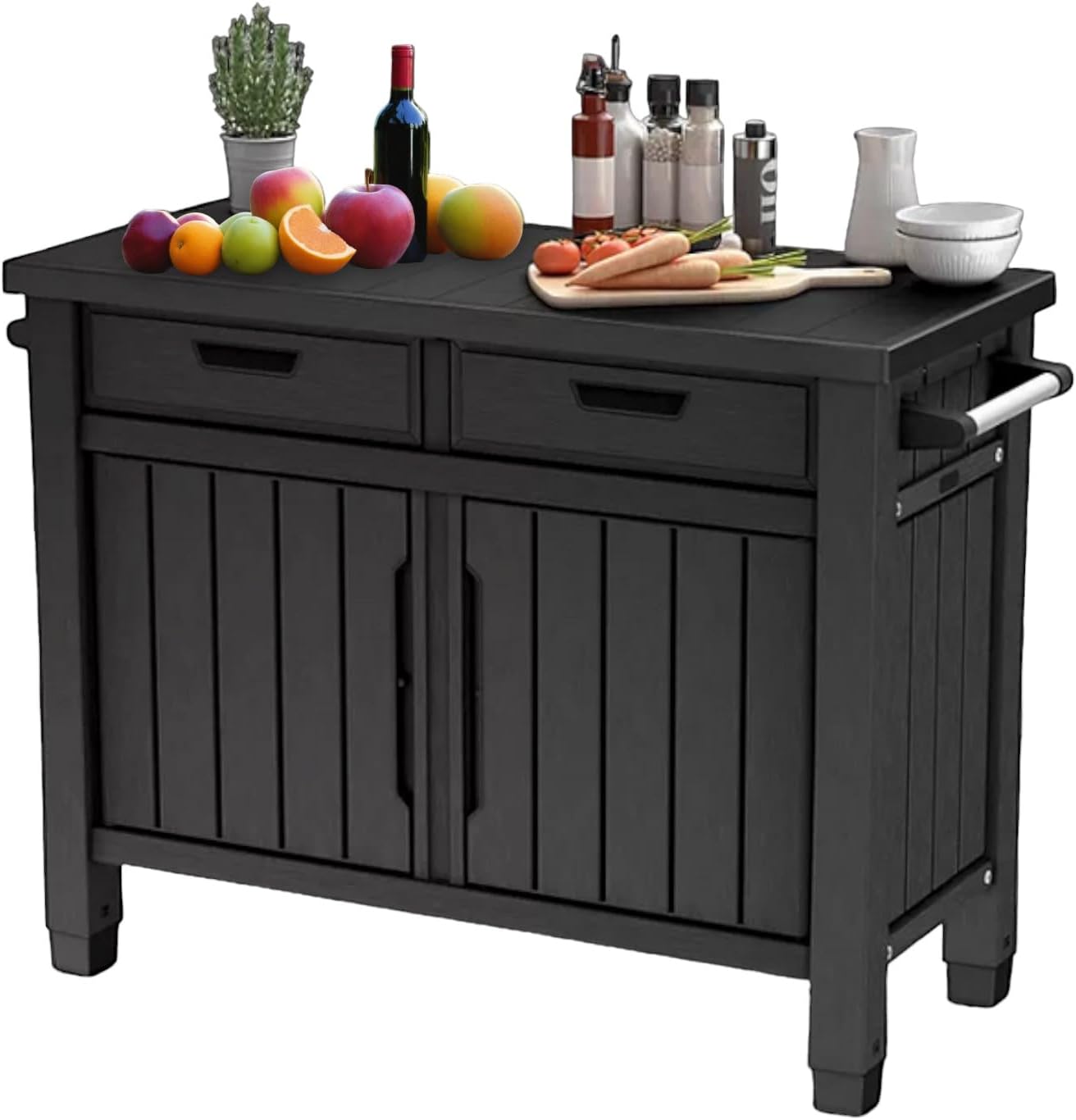 Outdoor Grill Table, Entertainment, and Storage Table with Drawers in Graphite Gray is a Versatile and Stylish Addition to Any Outdoor Space.