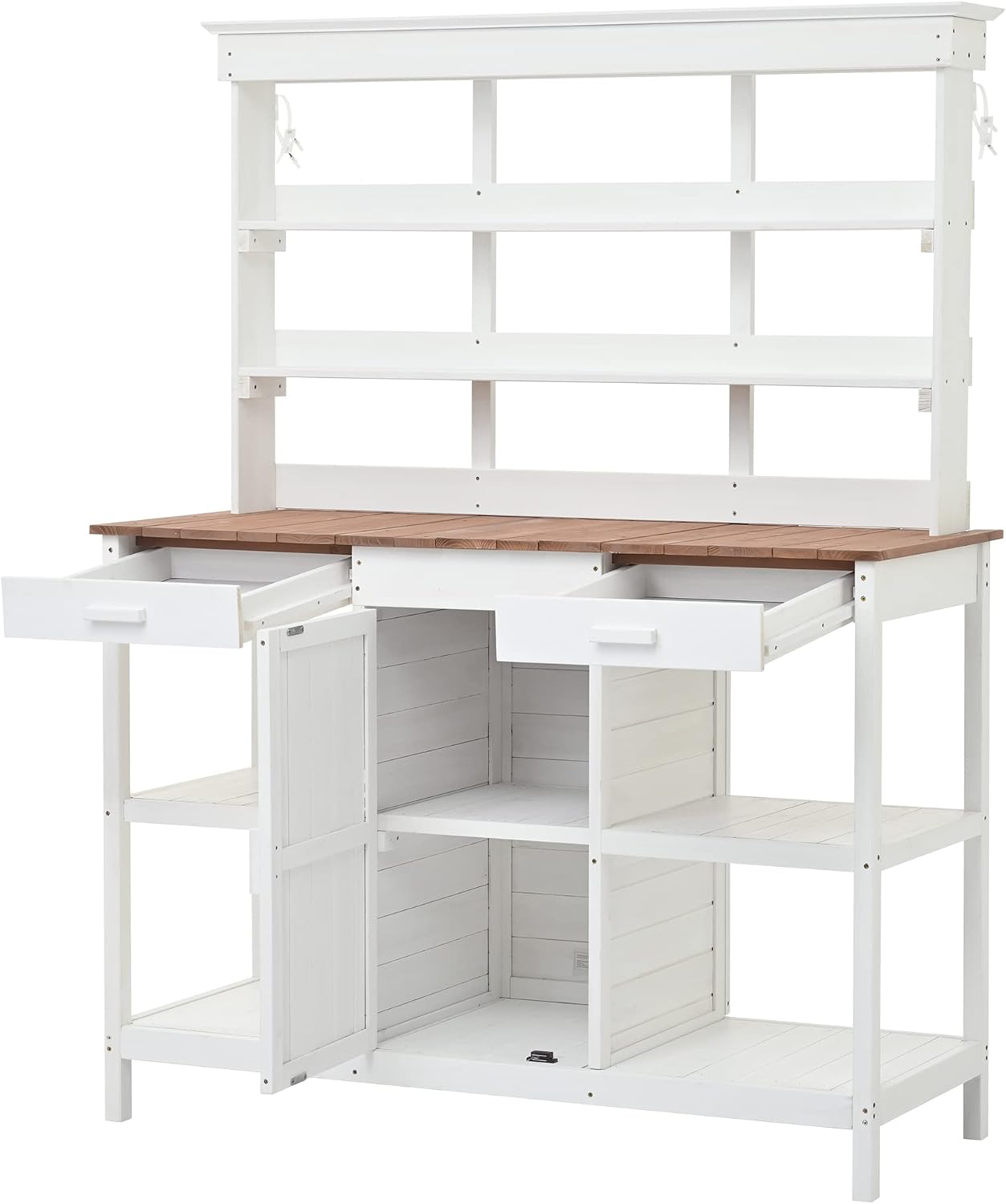 Merax 66' Large Outdoor Farmhouse Wooden Potting Bench Table, Garden Workstation with 2 Drawers, Cabinet, and Open Shelves for Backyard, Mudroom, White