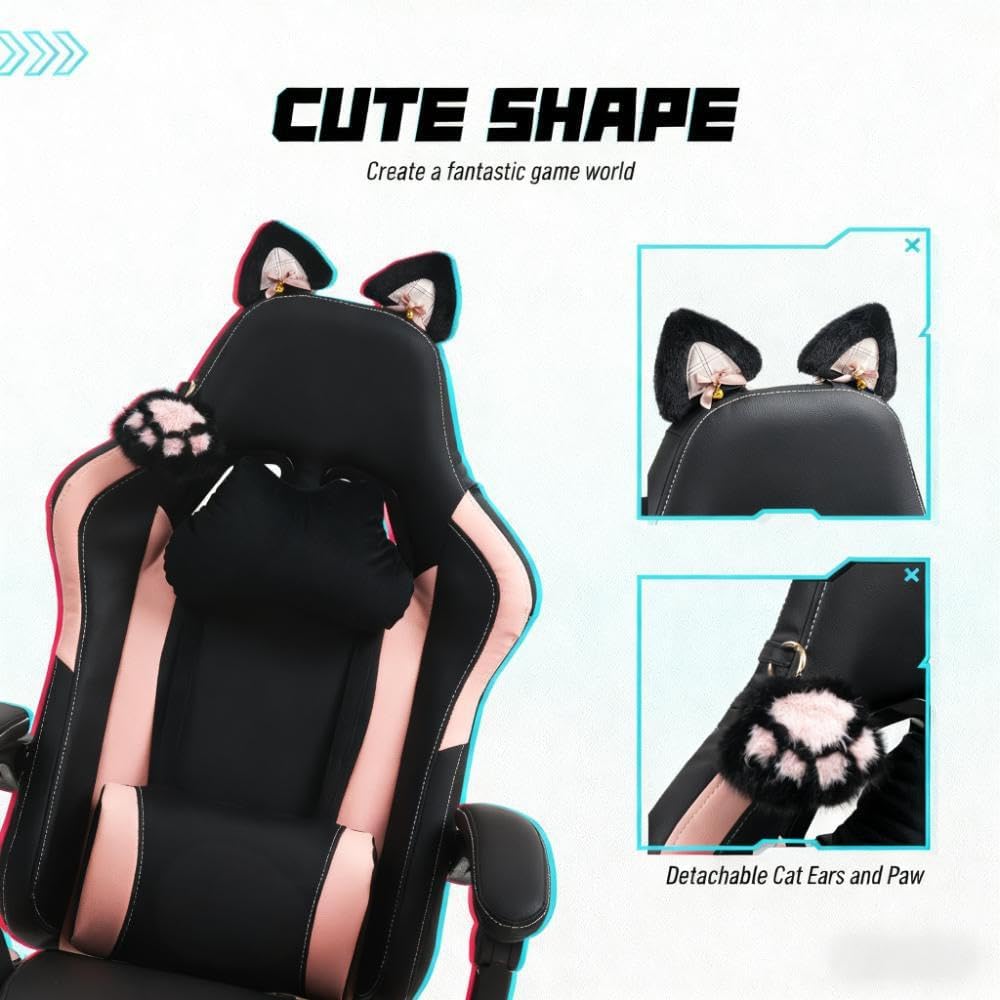 Pink Gaming Chair with Cute Cat Ears Comfy Ergonomic Computer Chair with Footrest and Headrest, Video Game Chairs for Girls, Adult, Teen, Height Adjustable, Lumbar Support (Pink Black)