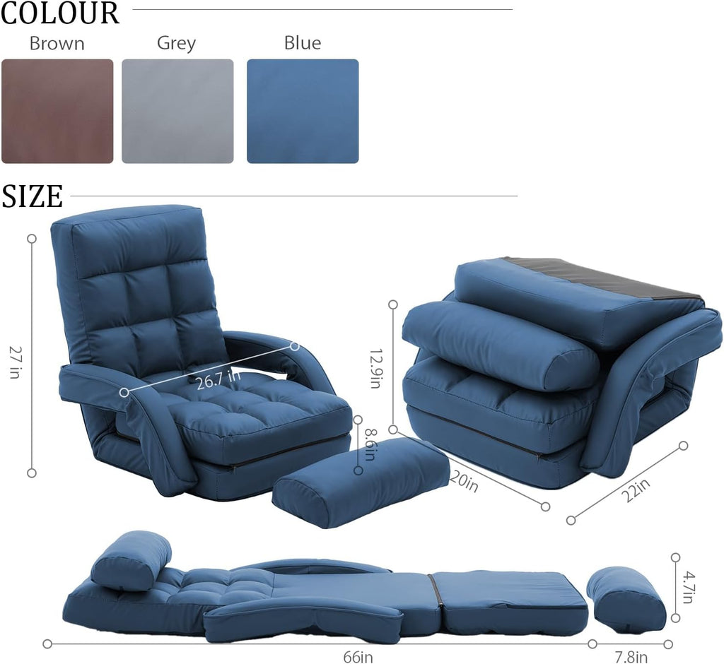 Floor Chair, Floor Gaming Chair with 14 Adjustable Position&Back Support, Folding Lounge Chair with Armrest for Adults, Lazy Sofa Lounger with Comfy Cushion for Living Room,Bedroom,PU,Blue