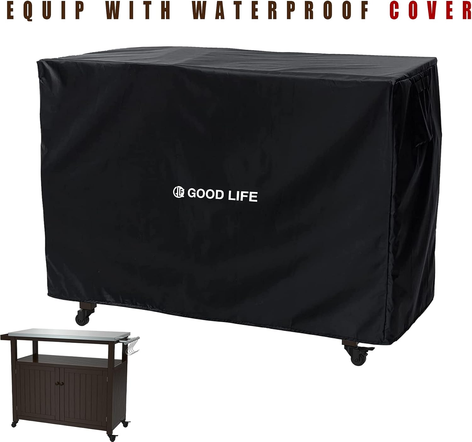 GDLF Outdoor Storage Cabinet Solid Wood Prep Grill Table with Stainless Steel Top Waterproof Cover Dark Brown