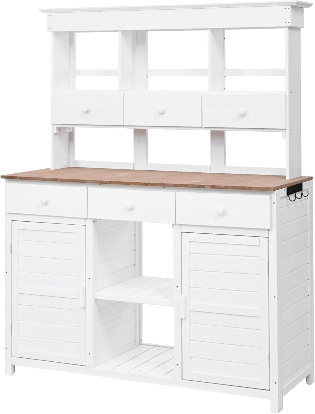 LUMISOL Outdoor Potting Bench Table with Hutch, Solid Fir Wood Patio Storage Workstation with 3 Shelves, 6 Drawers, 2 Bottom Cabinet and Side Hooks for Mudroom, Doorway, White