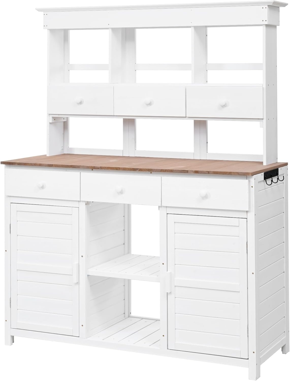LUMISOL Outdoor Potting Bench Table with Hutch, Solid Fir Wood Patio Storage Workstation with 3 Shelves, 6 Drawers, 2 Bottom Cabinet and Side Hooks for Mudroom, Doorway, White