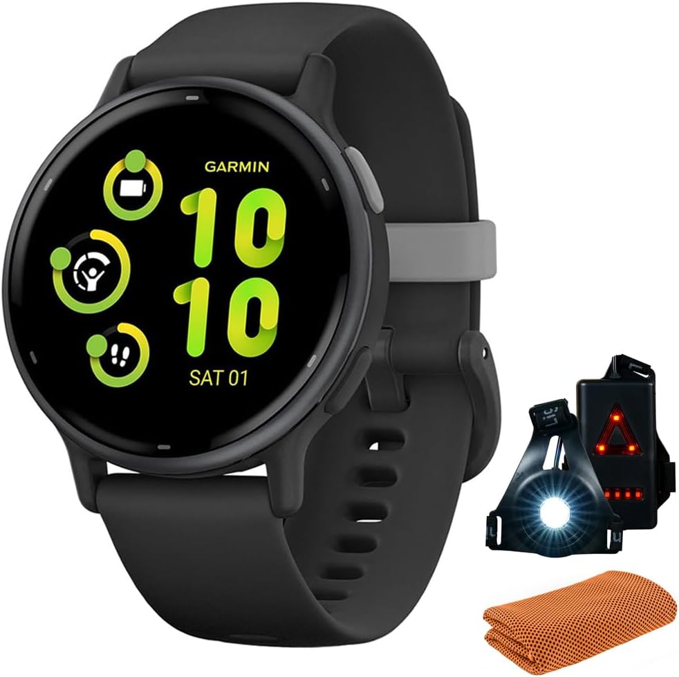 Garmin 010-02862-10 Vivoactive 5 Fitness Smartwatch, Black Bundle with Workout Cooling Sport Towel and Deco Essentials Wearable Commuter Front and Rear Safety Light