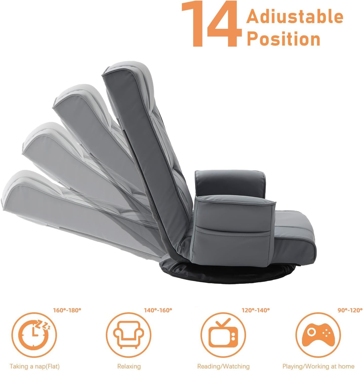 360° Swivel Floor Chair with Armrests, 14-Position Adjustable Floor Lounger for Adults, Folding Padded Floor Seat with Backrest for Gaming, Reading & Living Room (Grey)