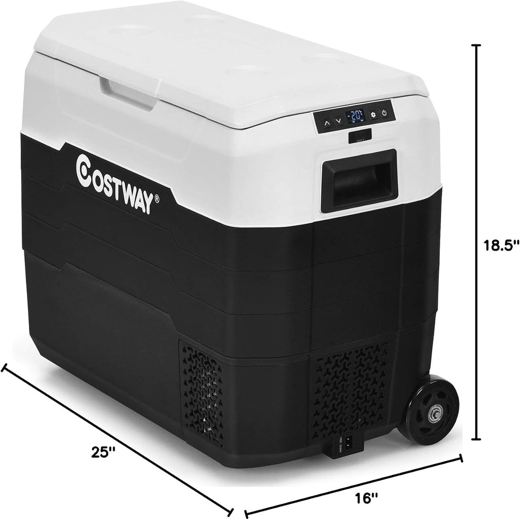 COSTWAY Car Refrigerator with Wheels, 42-Quart Dual-zone Electric Cooler with Telescopic Handle, 12V/24V DC, 100-240V AC, -4°F To 50°F, Portable Fridge Freezer for RV Camping Travel, White+Black