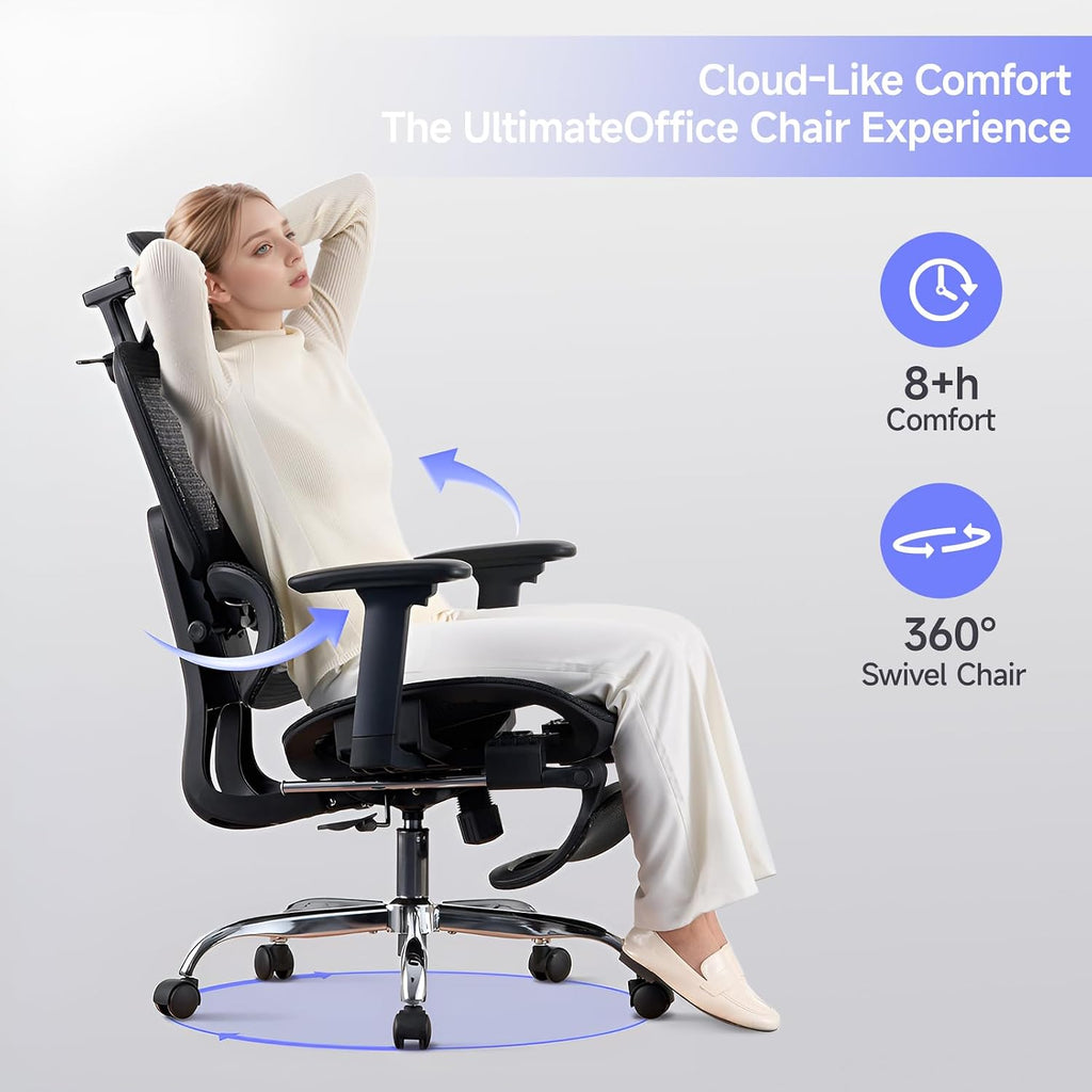 Office Chair with Footrest, Ergonomic Chair with 3D Headrest, Computer Chair with Adjustable Backrest & 3D Armrest, Gaming Chair with Adaptive Lumbar Support, Mesh Backrest & Cushion, Black