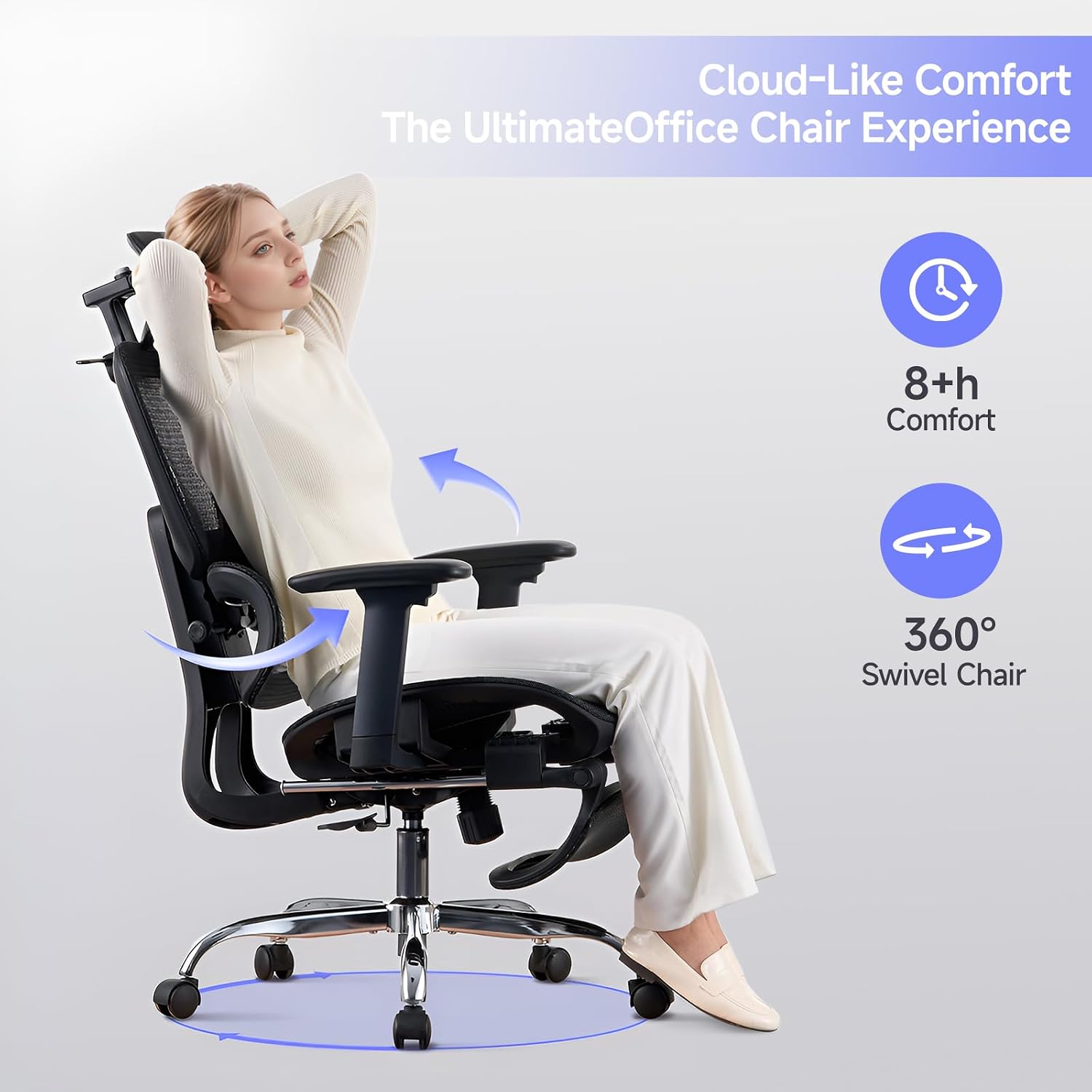 Office Chair with Footrest, Ergonomic Chair with 3D Headrest, Computer Chair with Adjustable Backrest & 3D Armrest, Gaming Chair with Adaptive Lumbar Support, Mesh Backrest & Cushion, Black