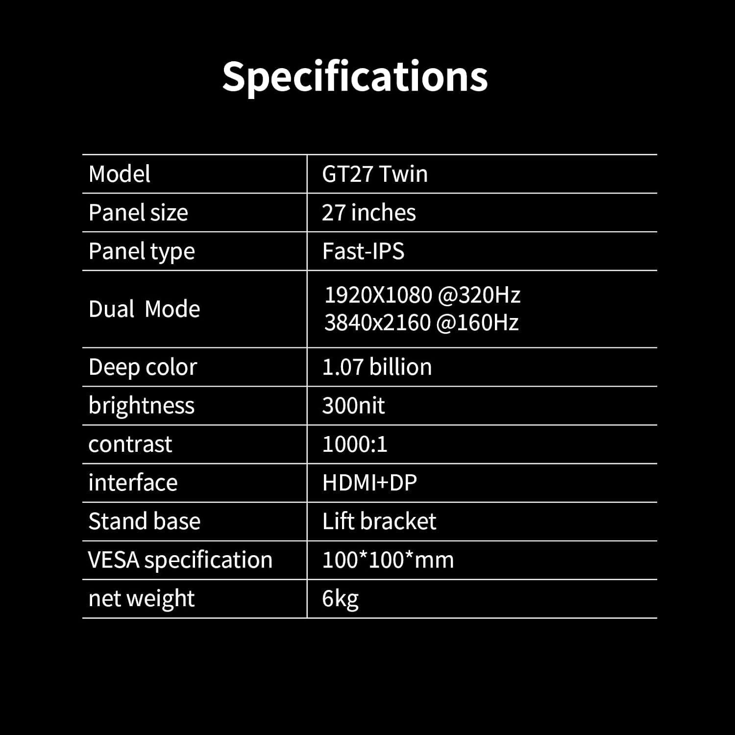27' Dual Mode Gaming Monitor, 4K UHD 160Hz & FHD 320Hz, Fast IPS 1ms, Adaptive Sync, HDR300, HDMI 2.1 & DP 1.4, Height Adjustable, VESA Mountable (GT27 Twin)