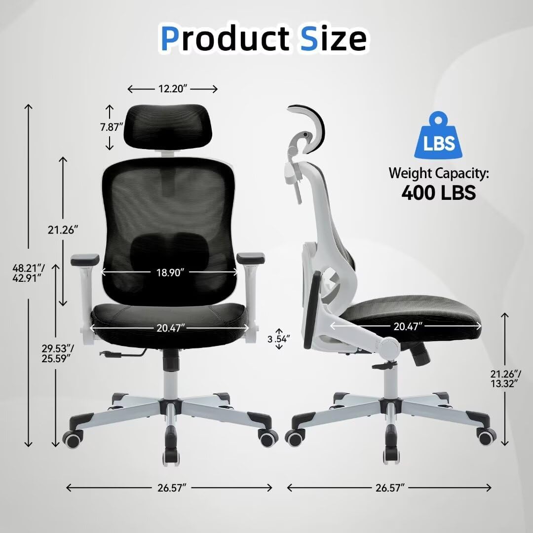 Ergonomic Office Chair Reclining Gaming Chair Adjustable Lumbar Support 6D Armrest Headrest Breathable Mesh Swivel Computer Chairs Home Task Desk Chair Wheels Coat Hanger Tilt Lock Cross Legged Chair