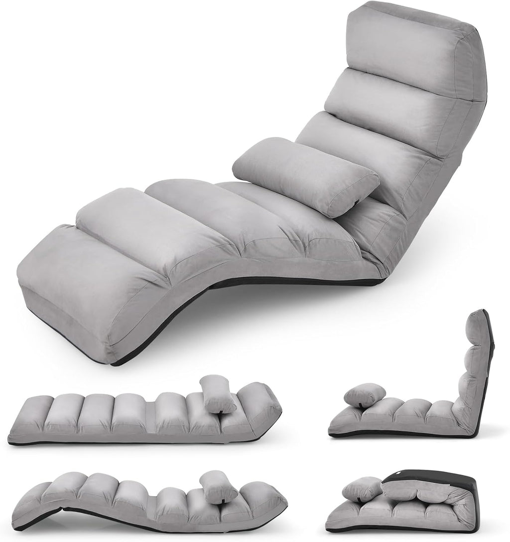 Giantex Folding Lazy Sofa Chair, Modern Chaise Lounge W/Pillow for Reading Leisure, Foldable Comfy Floor Accent Chair for Bedroom Living Room (Gray)