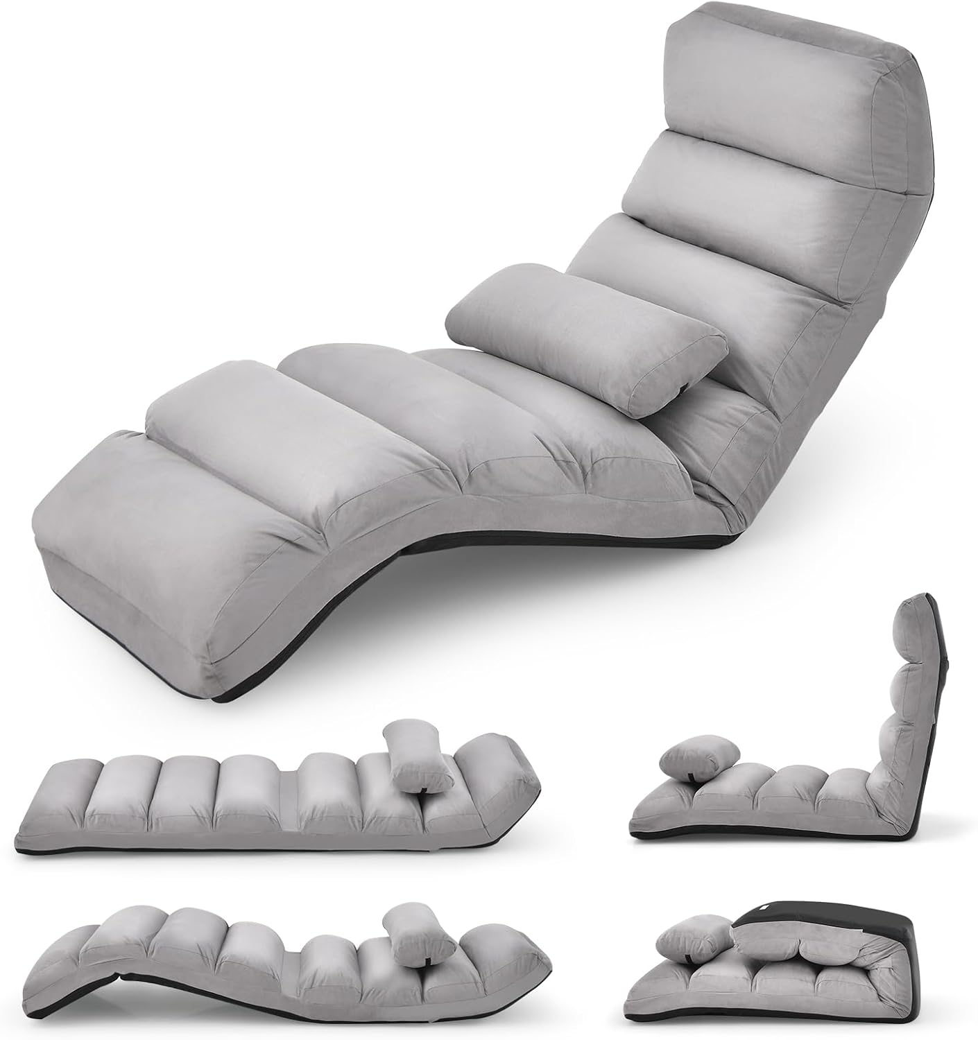 Giantex Folding Lazy Sofa Chair, Modern Chaise Lounge W/Pillow for Reading Leisure, Foldable Comfy Floor Accent Chair for Bedroom Living Room (Gray)