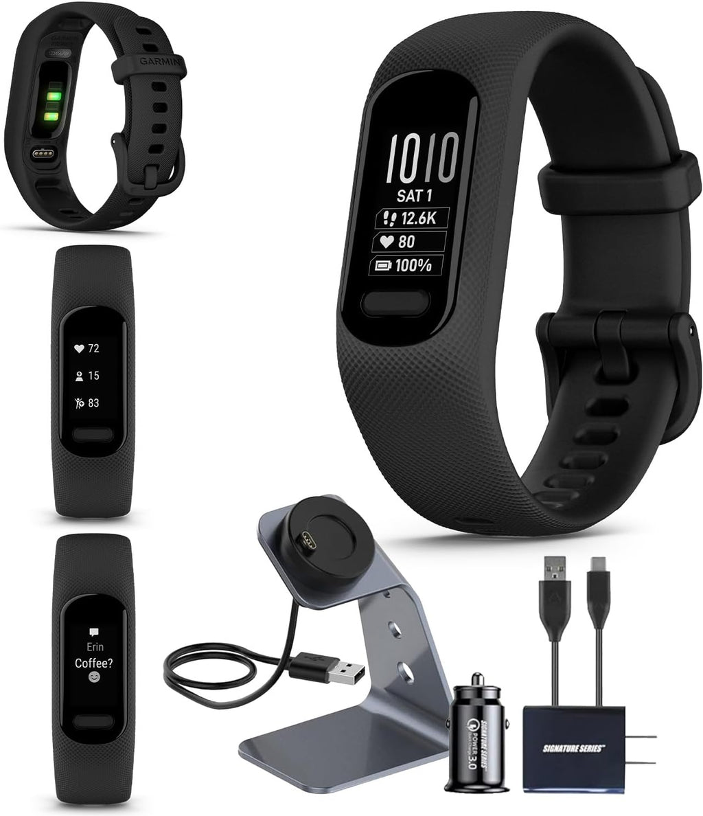 Garmin vivosmart 5 Fitness Tracker, Long-Lasting Battery, Wrist Heart Rate, Sleep Tracking, Smart Notifications, Compatible with Phone GPS | Signature Series Charger Bundle