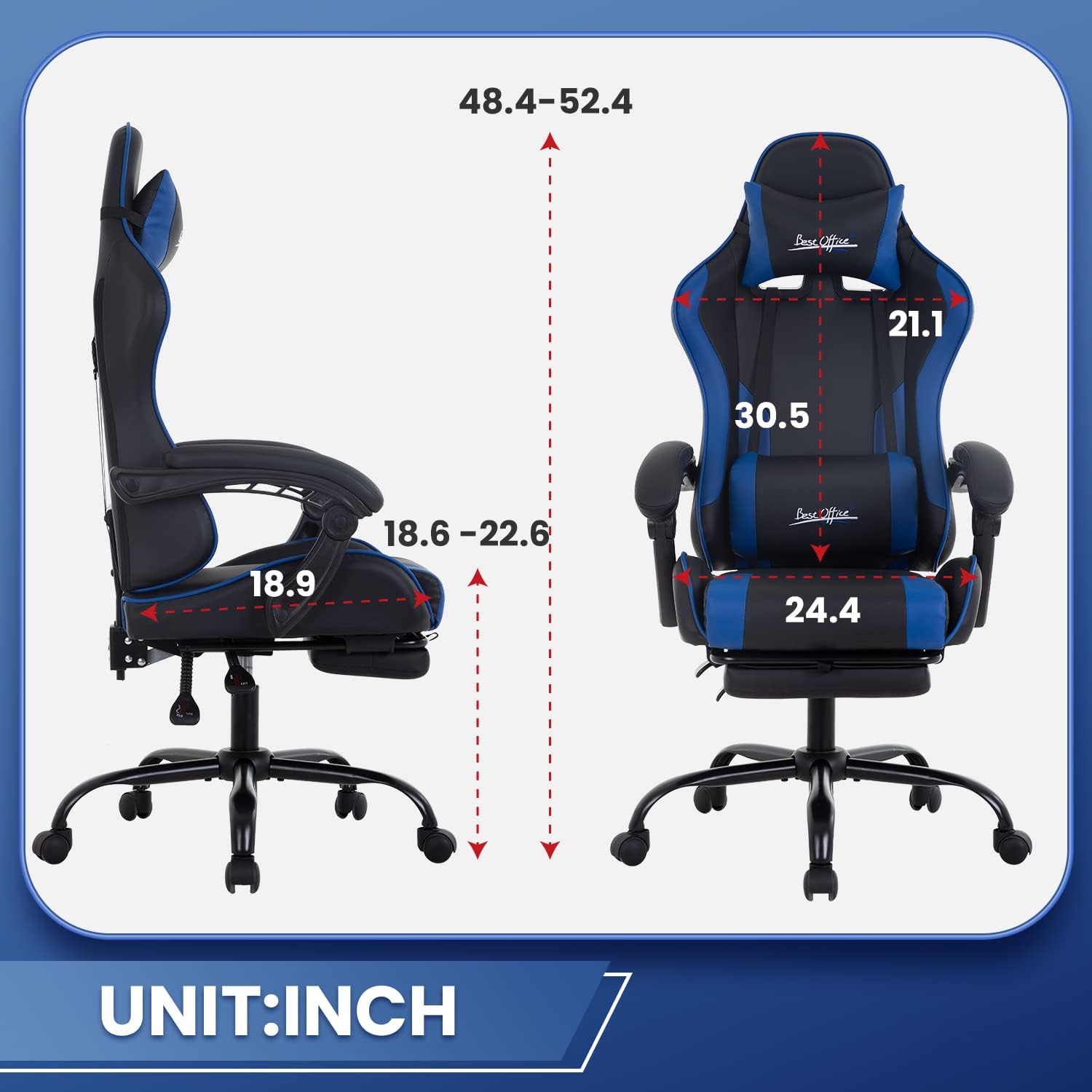 Gaming Chair Office Chair Desk Chair with Footrest Lumbar Support Headrest Armrest Task Rolling Swivel Ergonomic E-Sports Adjustable PC Gamer Chair (Blue)