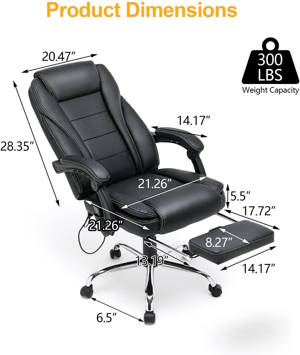 HOMREST 6-Point Massage Reclining Office Chair, Leather Heating Executive Chair, Ergonomic Home Office Desk Chair with Retractable Footrest,Computer Chair for Home Office, Study, Gaming