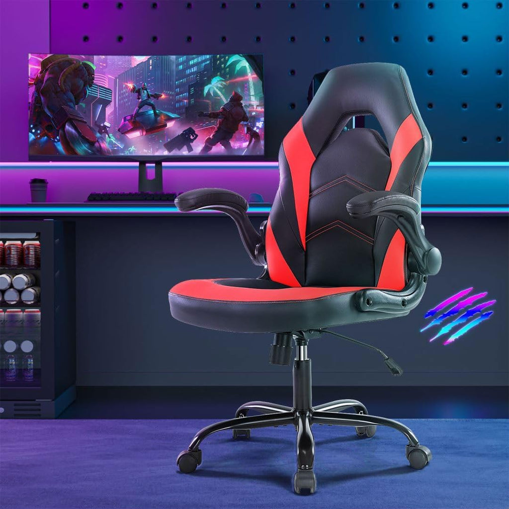 Heavy Duty Gaming Chair Ergonomic Gamer for Home Office with Lumbar Support, Adjustable Backrest, Flip-Up Armrest and Stable 360° Swivel Wheels for Adults, Professional Gamers and Teens, Black-Red