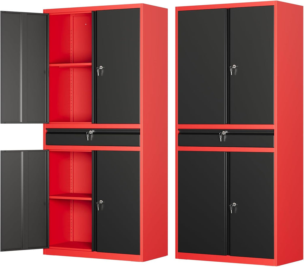 Metal Garage Storage Cabinet with Locking Doors and Drawer, 71' Steel Tool Storage Cabinet with Adjustable Shelves for Garage,Office,Warehouse (Red Black)
