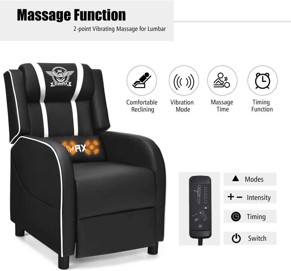 POWERSTONE Gaming Recliner Chair, Reclining Gaming Chairs for Adults Ergonomic Leather Sofa with Footrest Lumbar Support Headrest and Side Pouch for Living Room Home Theater, White
