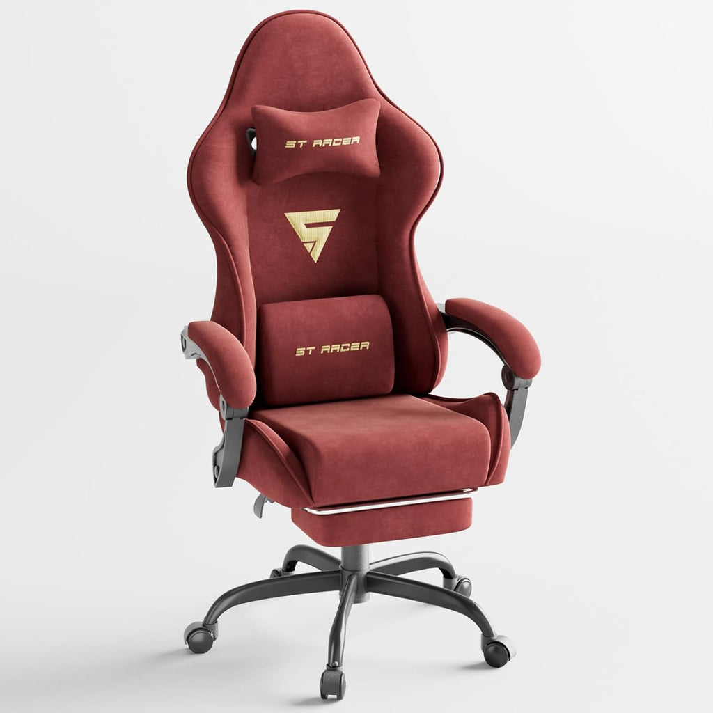 Soontrans Ergonomic Velvet Fabric Gaming Chair with Footrest, Comfortable Video Gamer Chair for Adult, Reclining Ergonomic Office Computer Desk Game Chairs with Massage Lumbar Cushion,Headrest
