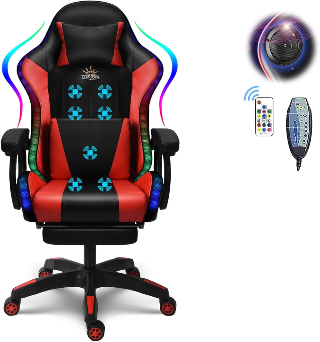 Gaming Chair with Speakers and RGB Lights, Video Game Chairs Ergonomic Pro Office Chair with Full Massage Lumbar Support, 90°-135° Backrest Adjustable Computer Chairs with Footrest,Red