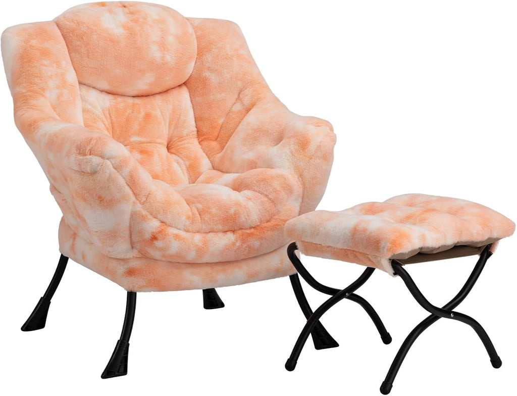 HollyHOME Lazy Chair with Foldable Ottoman, Accent Comfy Lounge Armchair and Folding Footrest Stool, Leisure Sofa Reading Chair and Footstool for Living Room, Bedroom, Dorm,Faux Fur Peach