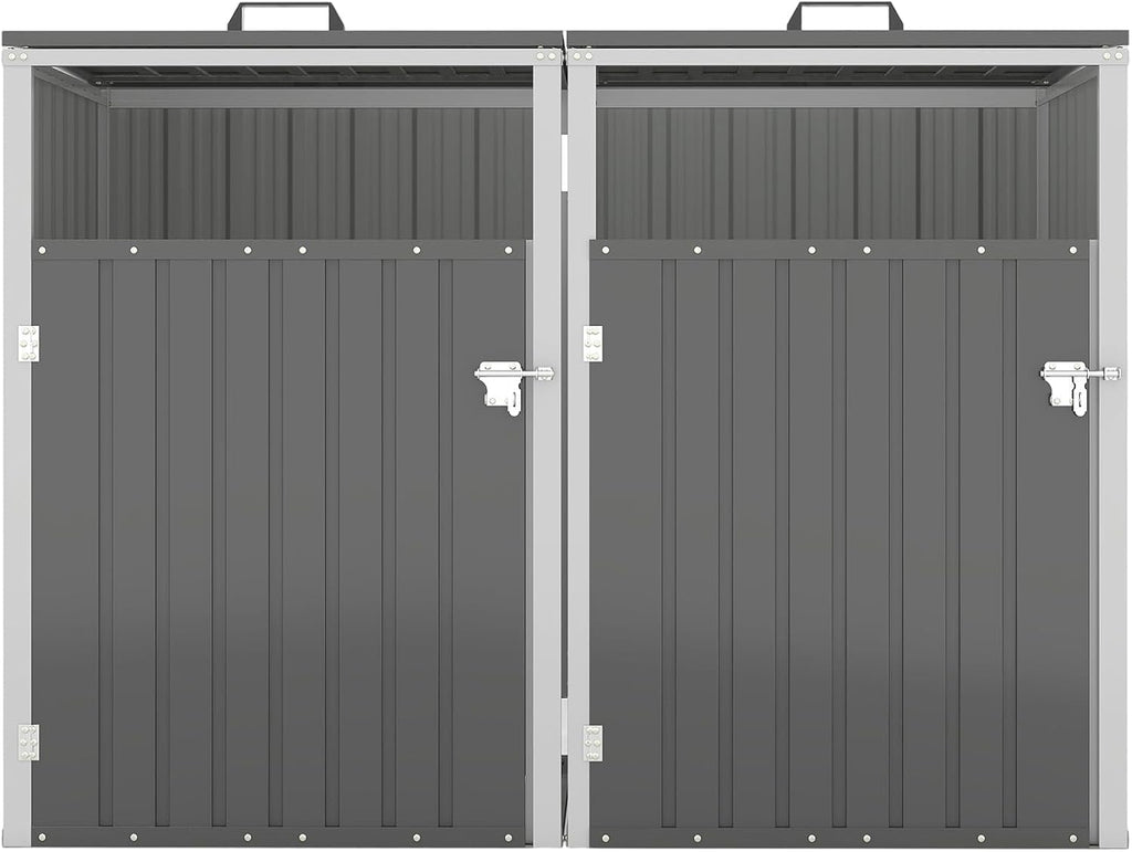 Outdoor Metal Trash Can Storage Shed for 2 Garbage Bins, Galvanized Steel Double Bin Enclosure with Lockable Doors & Hydraulic Lid, Garden Yard Storage Cabinet for Recycling, Dark Gray