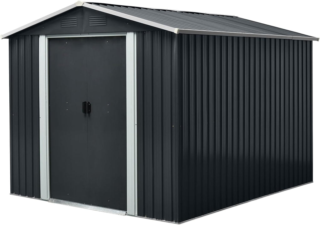 8ft x 10ft Outdoor Metal Storage Shed with Floor Base,Black