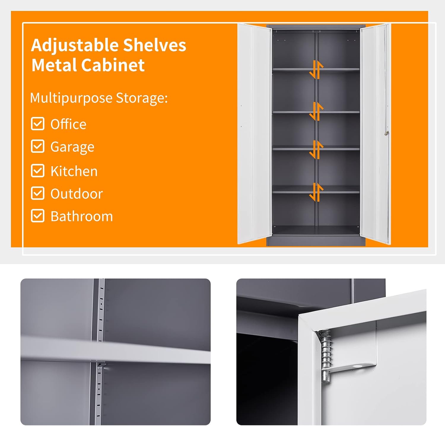 MIIIKO Metal Cabinet with Doors and Shelves, Tall Filing Cabinet for Home Office with Lock, 5 Shelf Steel Storage Cabinet for Office, School, and Garage