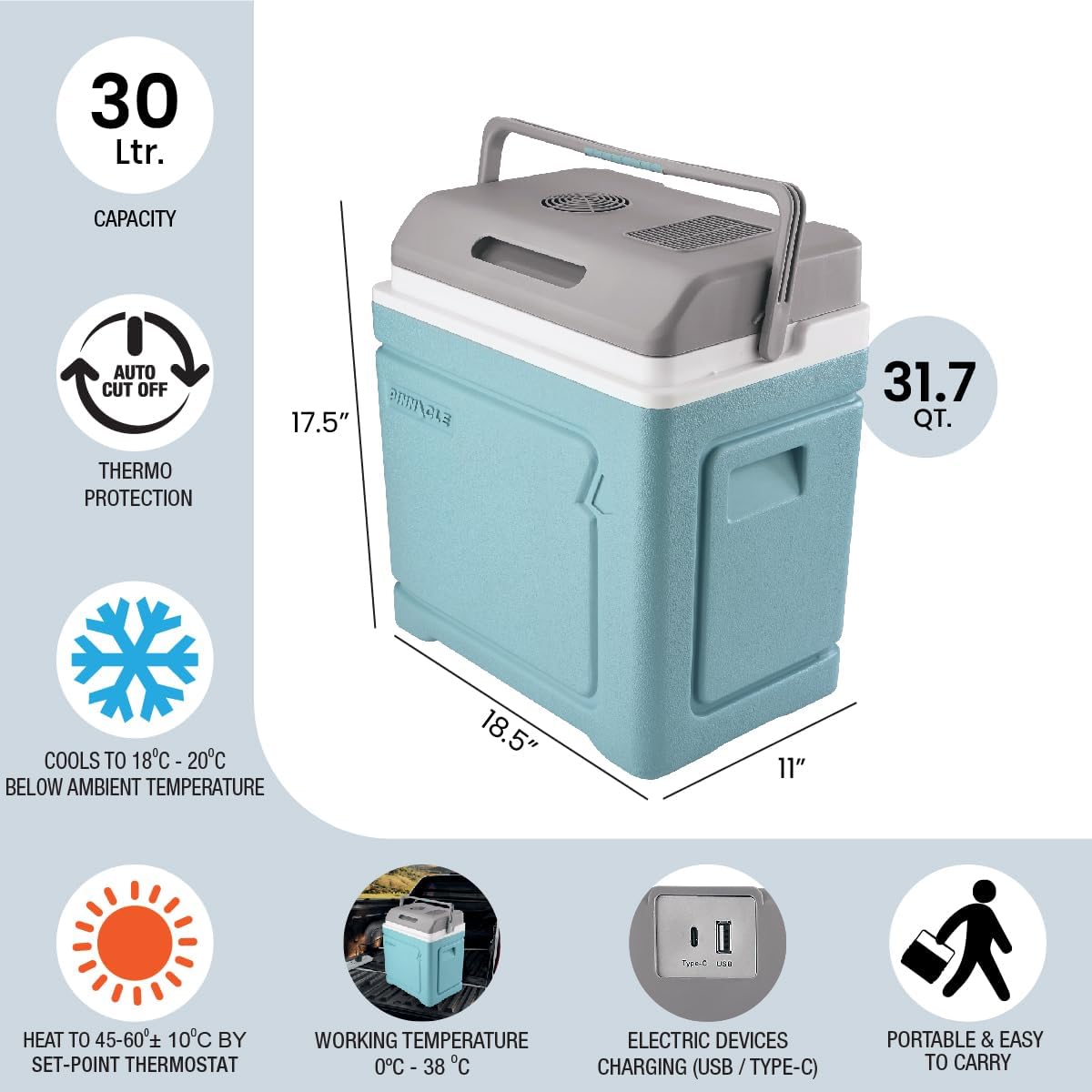 Pinnacle Thermoware Electric Cooler – Large 30L Portable Cooler for Hot and Cold Drinks and Food – 12v Travel Cooler for Car, Camper, RV, Van – Plug-In Cooler Refrigerator for Travel, Fishing, Hunting