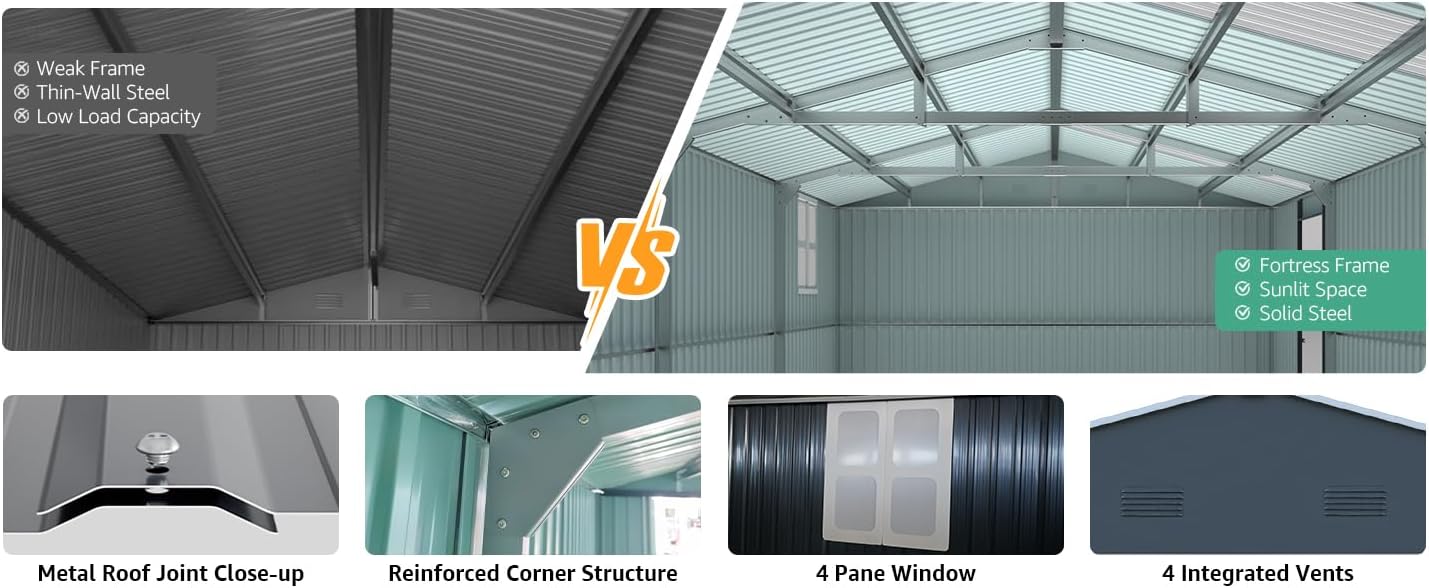 YOPTO 13x20 FT Outdoor Storage Shed, Large Metal Garage Sheds with Two Windows and Two Translucent Panels,Tool House w/Free Light Panet & Sloped Roof,for Car,Truck,Bike,Lawnmower,Tool,Dark Gray