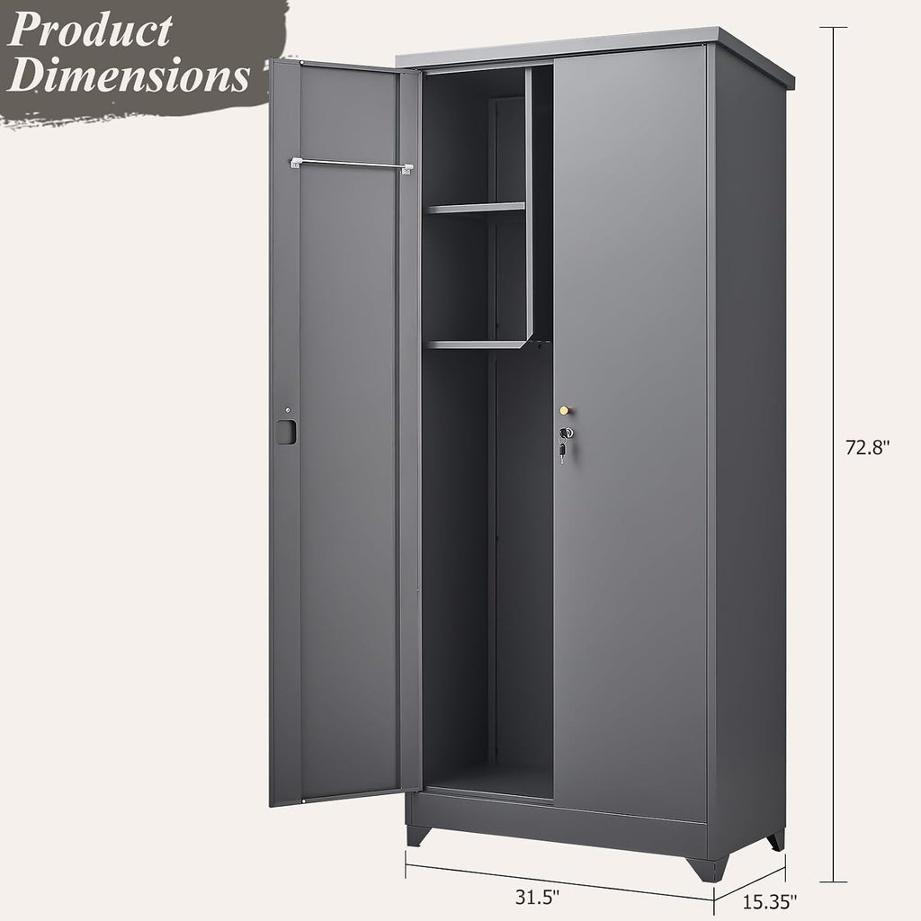 GREATMEET 72.8' Outdoor Broom Storage Cabinet, Metal Storage Cabinets for Cleaning Supplies with Slanted Roof, Utility Closet, Waterproof Outdoor Shed for Broom Mop, Grey