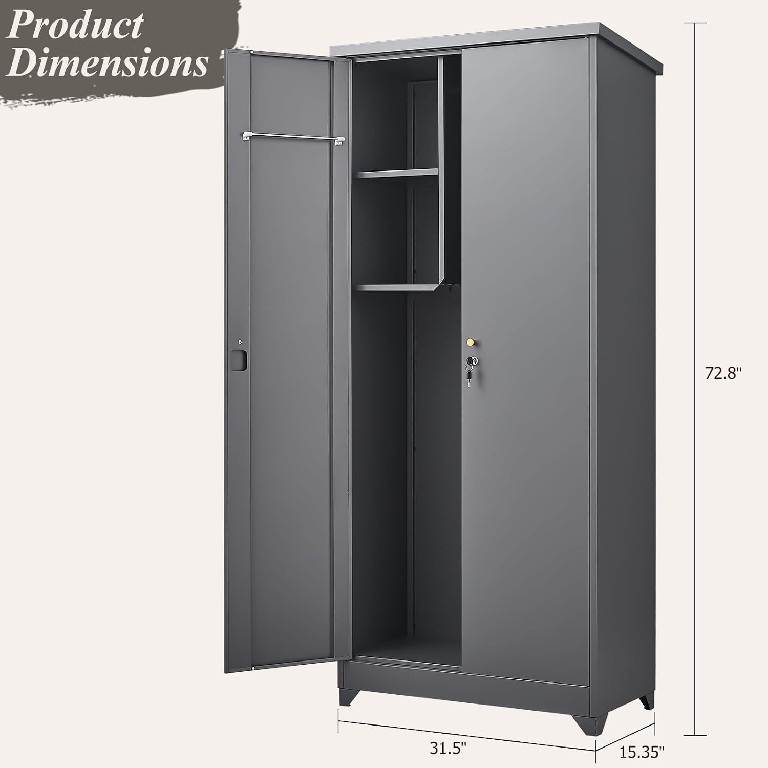 GREATMEET 72.8' Outdoor Broom Storage Cabinet, Metal Storage Cabinets for Cleaning Supplies with Slanted Roof, Utility Closet, Waterproof Outdoor Shed for Broom Mop, Grey