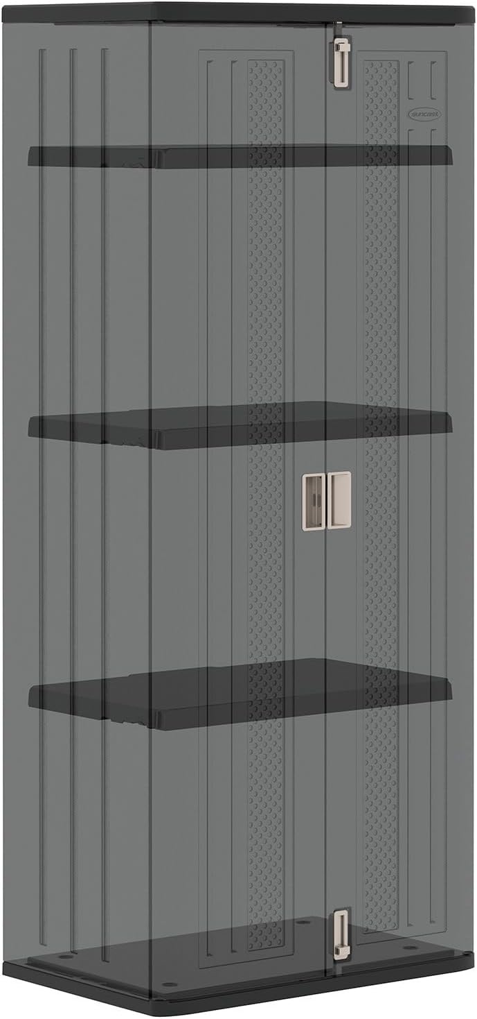 Suncast Tall Storage Cabinet, Black Resin Outdoor & Garage Storage Cabinet with Doors & Shelves, Plastic, Weather-Resistant, Lockable, Freestanding Utility Closet for Tools & Supplies, Made in USA